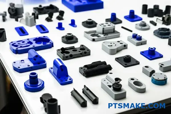 Various precision machined plastic parts for low volume CNC manufacturing services displayed on workshop surface