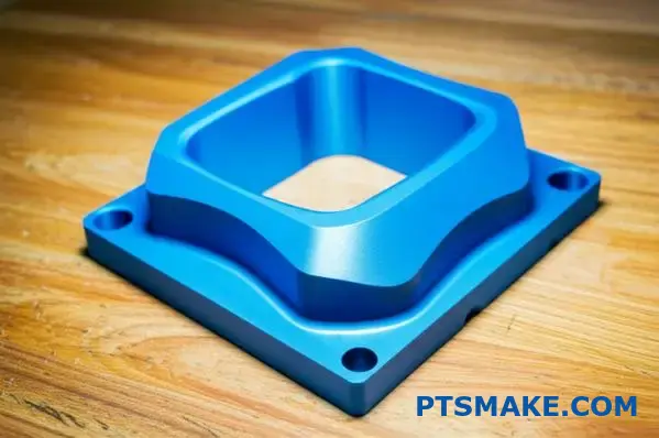 Precision CNC plastic machining services result showing blue machined component with balanced cost-effective design features