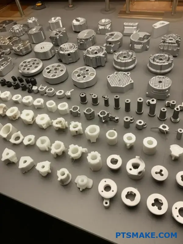 Precision small parts made from titanium, PEEK, Inconel, and aluminum showcasing micro CNC machining capabilities