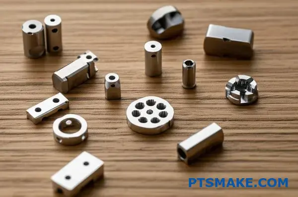 Collection of tiny precision machined metal parts demonstrating micro CNC manufacturing capabilities and tight tolerance requirements