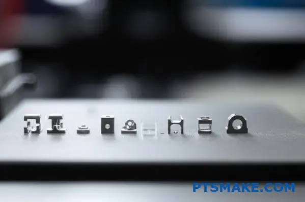 Tiny precision machined metal parts displaying micro-level manufacturing quality and detailed surface finishes