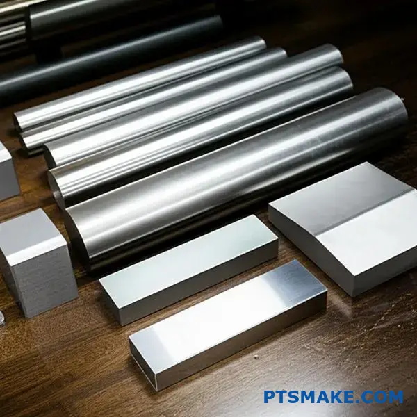 Various titanium alloy components displaying different grades and finishes for CNC machining applications on workshop surface