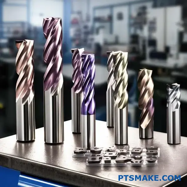 Various carbide cutting tools and inserts for CNC titanium machining operations displayed on workshop table