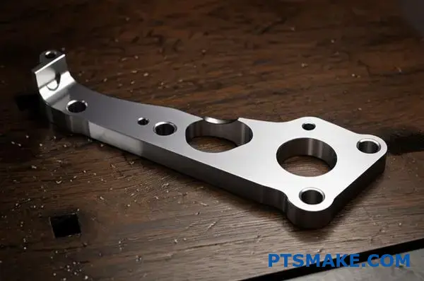 Precision machined titanium component showcasing CNC manufacturing quality and surface finish on industrial workbench