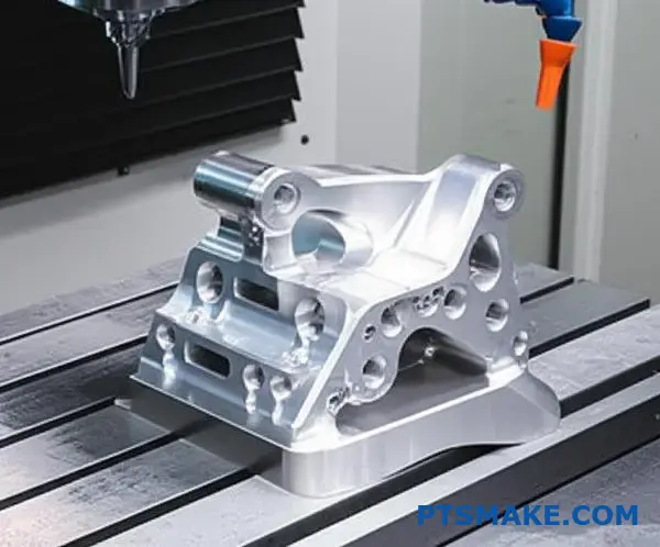 Precision CNC machined titanium bracket showing complex geometry for aerospace applications