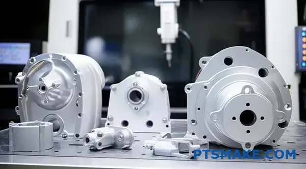 High-precision titanium aerospace parts undergoing CNC machining quality control inspection on measurement table