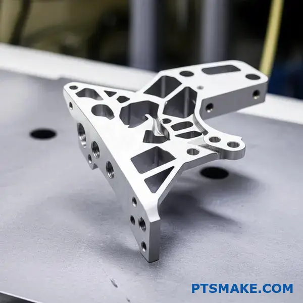 Precision CNC machined titanium bracket with intricate geometries for aerospace applications on industrial workbench