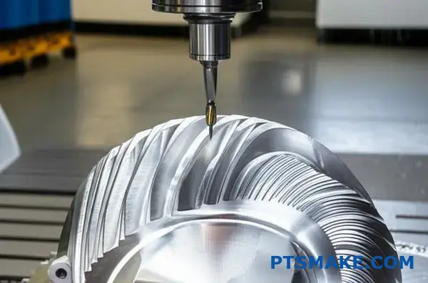 Precision CNC machine creating energy turbine blade with exact tolerances and smooth finish