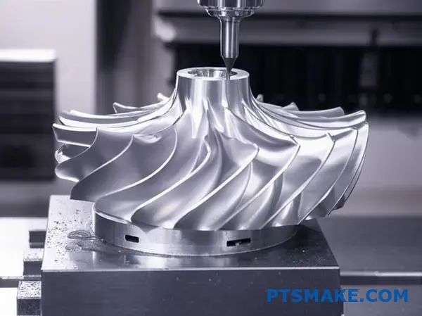 Precision CNC machining of titanium turbine blade for energy applications showing detailed manufacturing process
