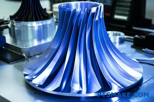 Precision machined titanium turbine blade showcasing advanced CNC manufacturing capabilities for energy applications