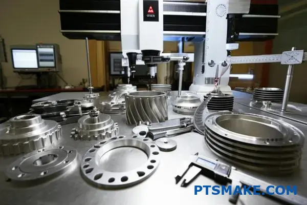 Precision measurement tools inspecting energy turbine components during CNC machining quality control process