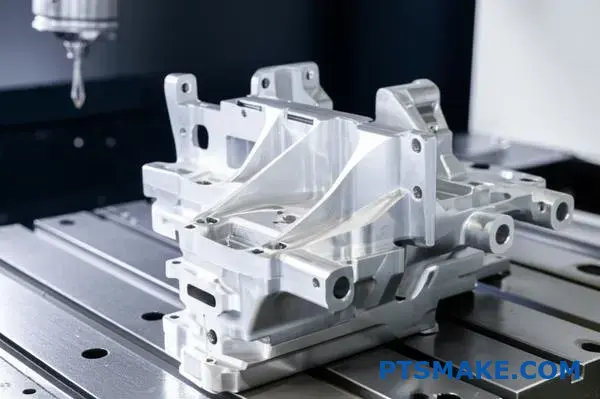 Precision CNC machining of aluminum automotive brackets in Boston manufacturing facility showing detailed metalwork