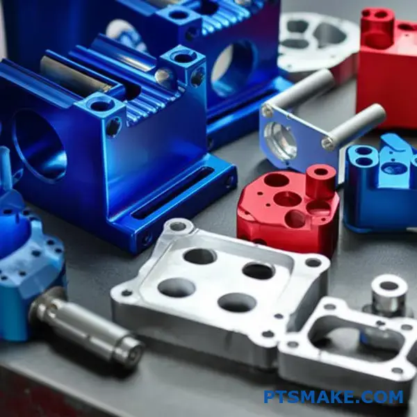 Various CNC machined aluminum components displaying multiple surface finish options including anodizing and powder coating for precision manufacturing