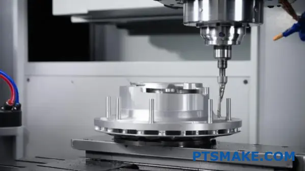 CNC machine precisely machining silver aluminum brake disc component showing detailed cutting operation workflow