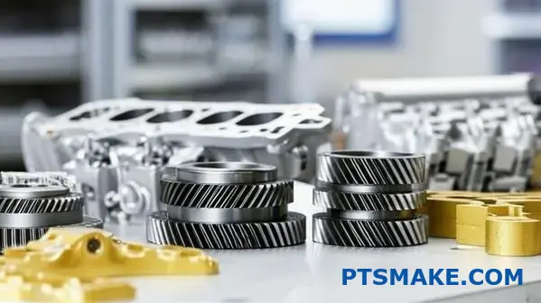 Various machined metal parts from aluminum zinc steel alloys displaying different surface treatments and casting finishes