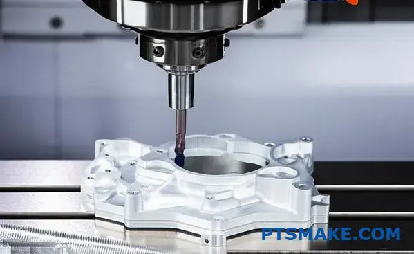 Precision CNC machining operation on aluminum automotive bracket showing detailed casting refinement process