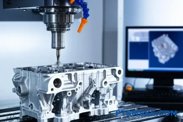 CNC machine precisely machining cast aluminum engine block with computer-aided manufacturing software guidance for optimal precision