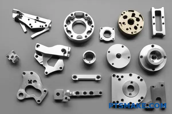 Various CNC machined metal parts displaying complex geometries and precision casting results on industrial surface