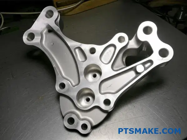 Intricate aluminum bracket showing precision CNC machining details with curved geometries and mounting features