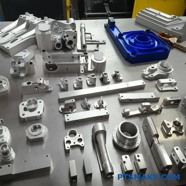 Various CNC machined metal parts displaying different casting and machining finishes on workshop table