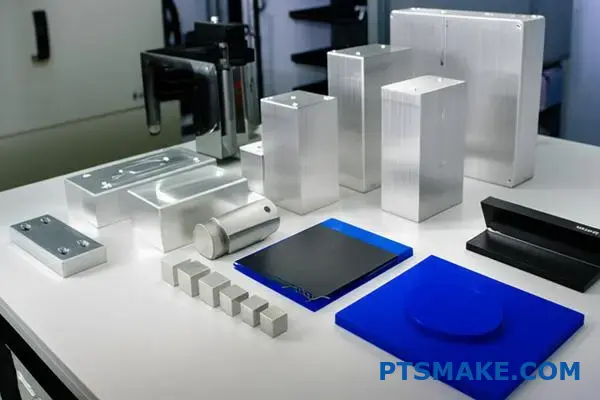 Different CNC machining materials including aluminum, steel, and plastic blocks displayed for Adelaide manufacturing projects