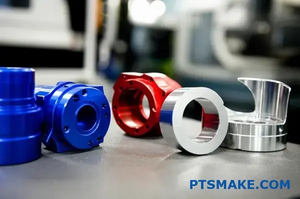 Various precision machined components showcasing different surface treatments including anodizing and powder coating for Adelaide CNC manufacturing