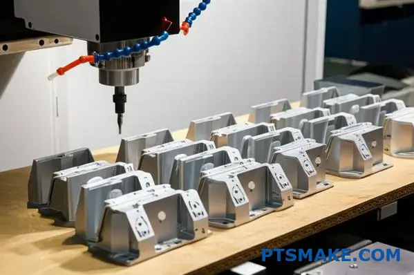 CNC machining center producing multiple aluminum automotive brackets for scaled manufacturing in Adelaide workshop