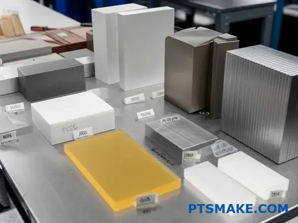 Various metal and plastic material samples for precision CNC machining services in Milwaukee workshops