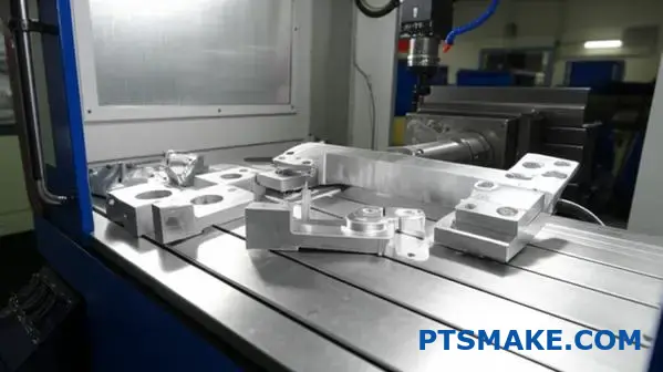 Precision CNC machined aluminum automotive brackets displayed on manufacturing workshop table Milwaukee style production