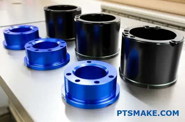 Blue and black anodized aluminum components showcasing CNC machining finishing processes in Milwaukee manufacturing facility