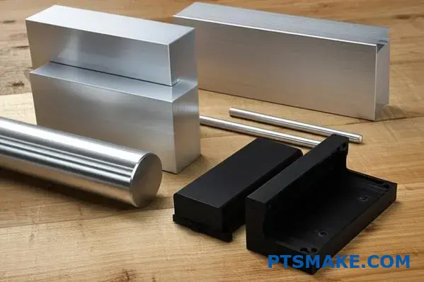 Different CNC machining materials including aluminum blocks and plastic parts arranged on workshop table for precision manufacturing selection in Melbourne