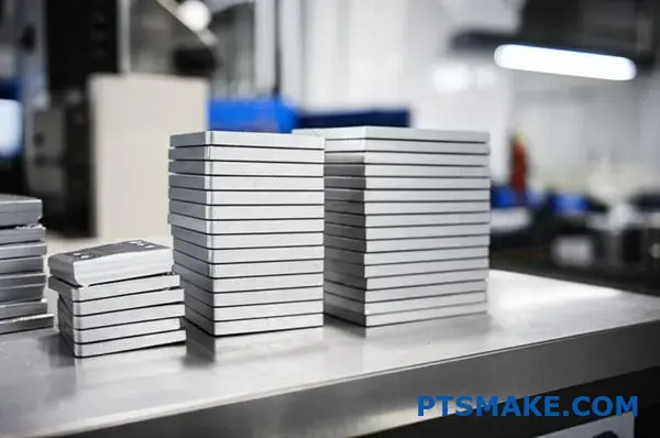 Stack of precision machined aluminum brackets showing quantity-based cost savings for Melbourne CNC manufacturing procurement