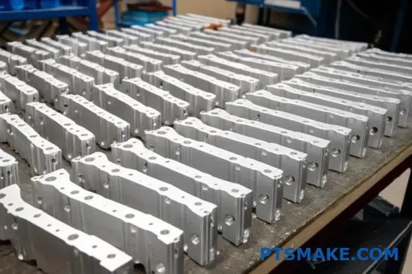 Rows of identical aluminum brackets demonstrating precision CNC manufacturing consistency for automotive applications in Melbourne workshops
