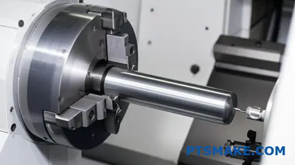 CNC turning lathe machining cylindrical aluminum shaft in modern manufacturing facility showcasing precision turning services