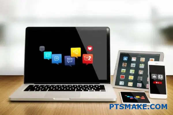 Professional communication workspace showing modern devices for global CNC machining service coordination and project management