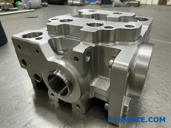 High-precision CNC machined stainless steel valve body for oil and gas operations showing detailed internal passages
