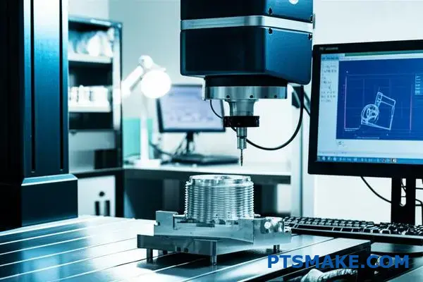 Coordinate measuring machine performing precision quality inspection on CNC machined energy sector component for safety validation
