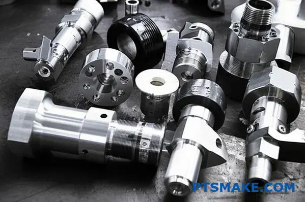 Precision CNC machined valve components and pipe fittings for petroleum industry applications on workbench