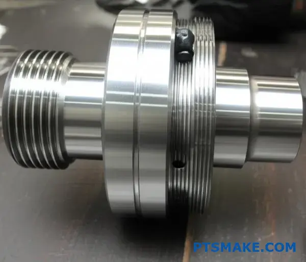 Precision machined steel valve component for oil and gas drilling operations showing detailed threading and robust construction