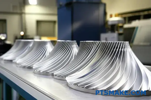 CNC machined turbine components for nuclear power energy applications on industrial workbench