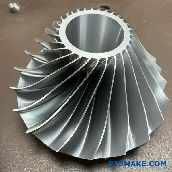 High precision CNC machined turbine blade for power energy applications showing complex airfoil geometry and dimensional accuracy