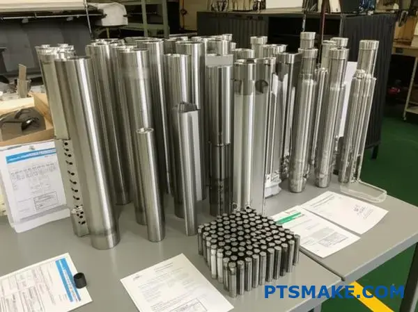 Precision CNC machined nuclear power components displayed with traceability documentation for compliance verification