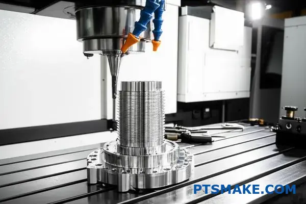 CNC machine precision machining nuclear power energy reactor component with threading details on industrial workbench