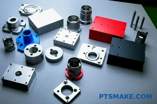 Collection of precision CNC machined components including metal and plastic parts for Las Vegas manufacturing projects