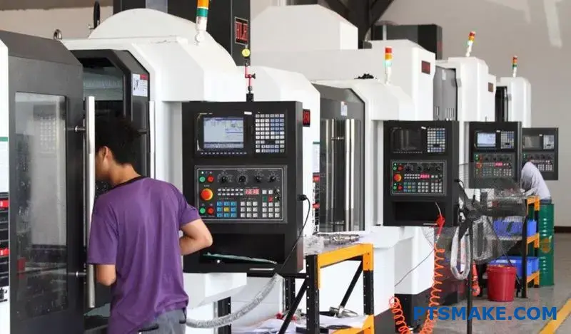An employee is operating a cnc machine in a factory that manufactures precision parts.