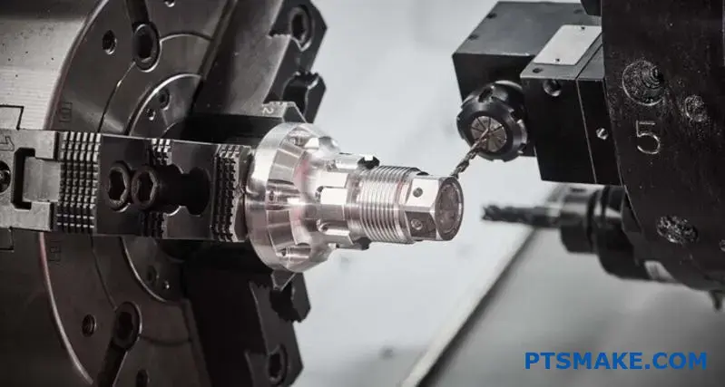 A close-up of a CNC lathe machine performing a turning operation on a custom aluminum part, held securely in the chuck.