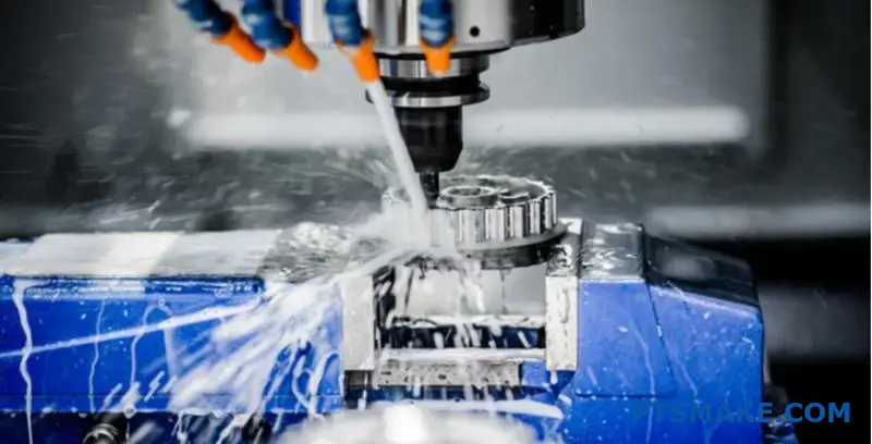 A CNC milling machine cutting a metal gear component with coolant splashing.