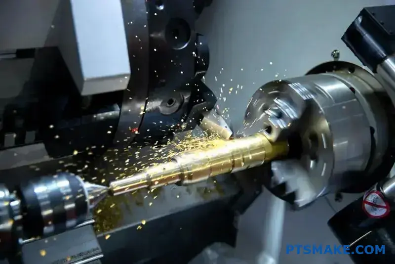 A CNC lathe machining a shiny brass component, creating sparks and metal shavings.