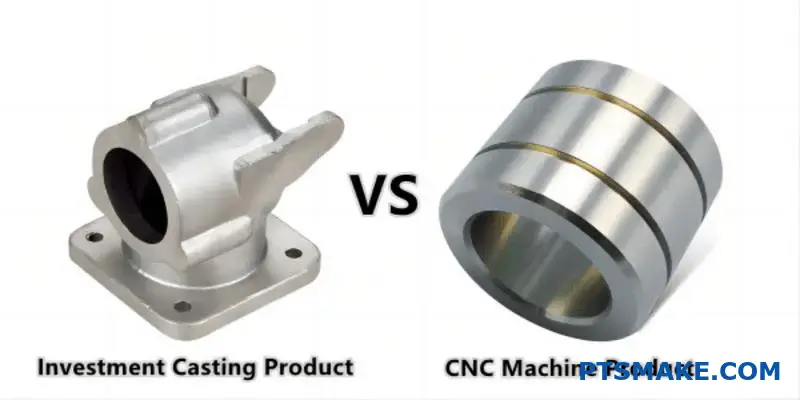 An image comparing a silver investment casting product with complex shapes against a precisely machined cylindrical CNC product, highlighting differences in manufacturing methods.
