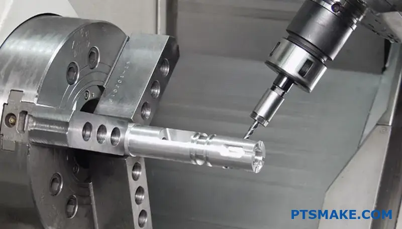 A CNC lathe using a live tool to machine a custom aluminum component held in a chuck.